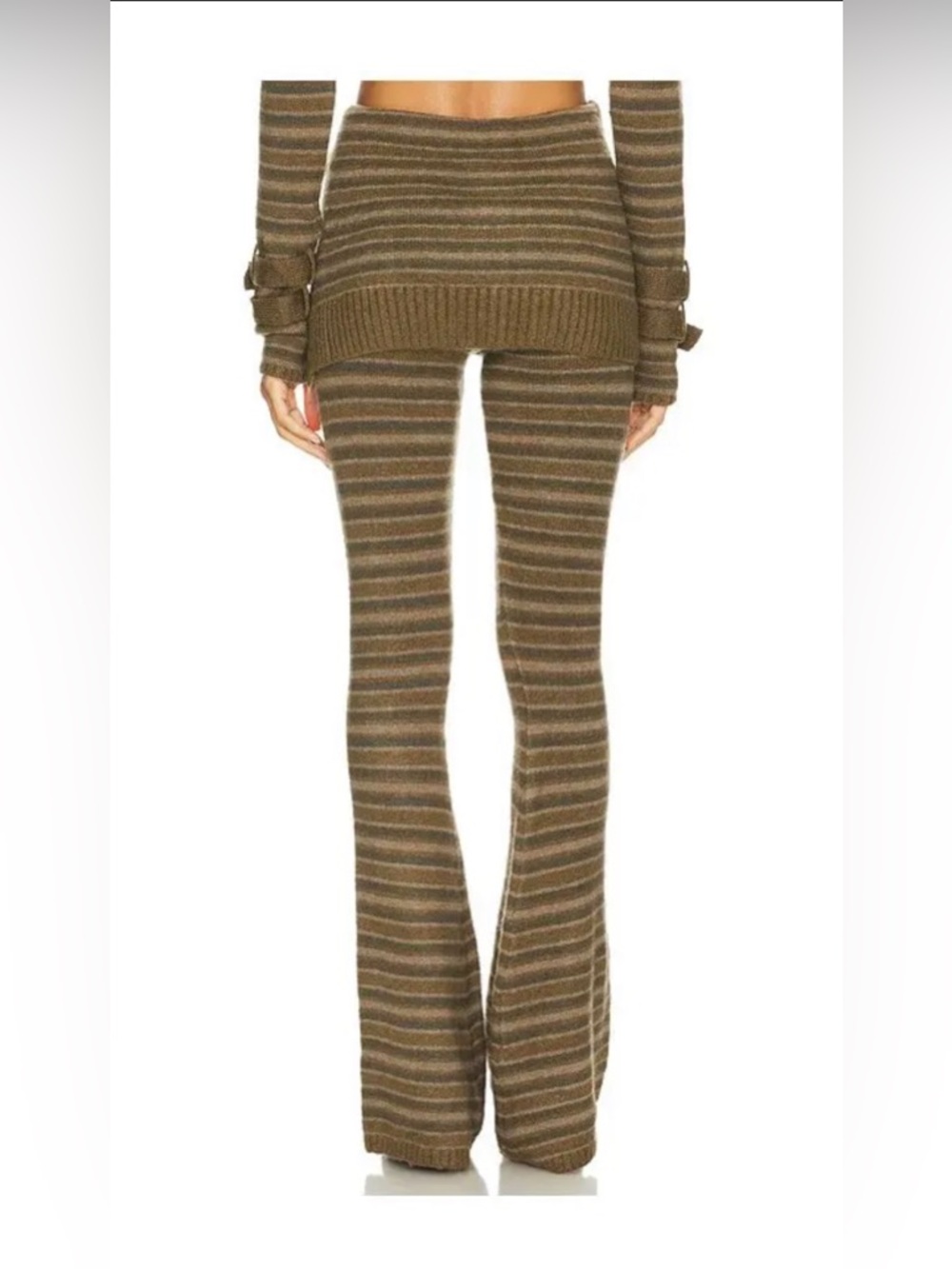 Jaded London Striped Knit Flared Pants Skirt in Olive Brown - Picture 4 of 15